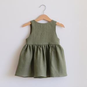 Olive Linen Button Front Pinafore Dress
