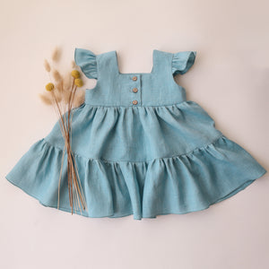 Duck Egg Blue Linen Button-Front Tiered Dress