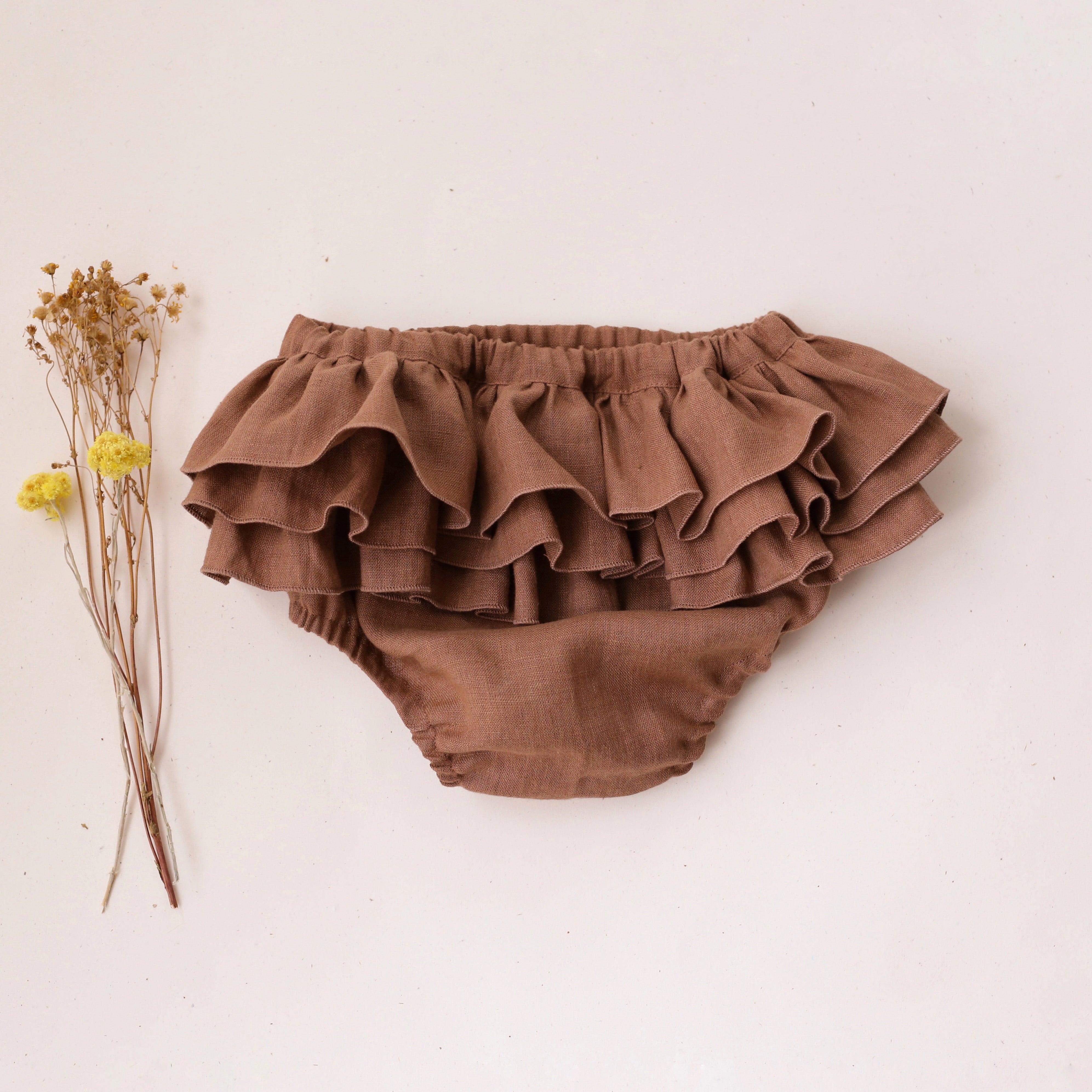 Cocoa Brown Linen Ruffle Back Bloomers