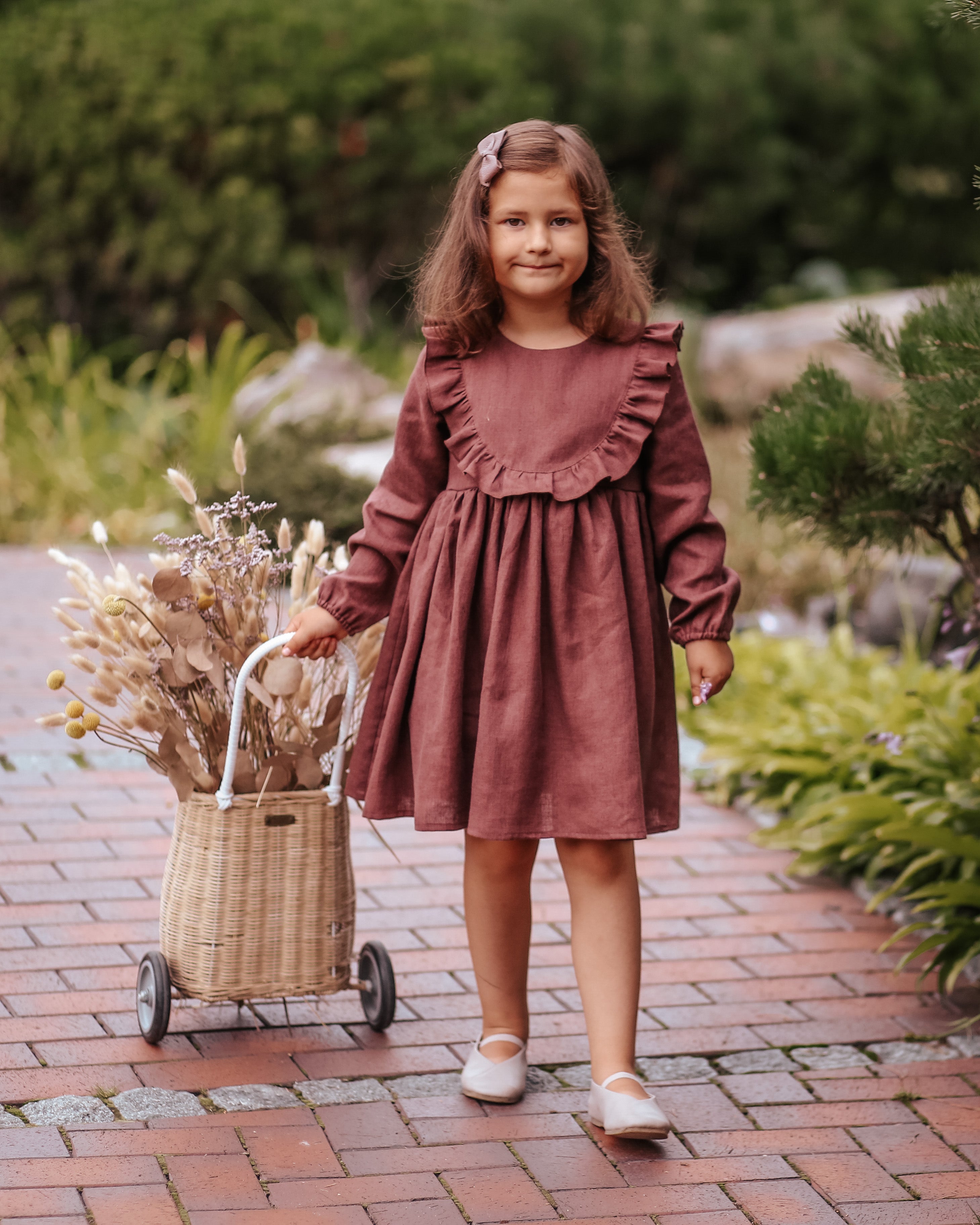 Chocolate Plum Linen Long Sleeve Ruffled Bodice Dress