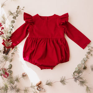Strawberry Corduroy Full Length Flutter Sleeve Bubble Playsuit