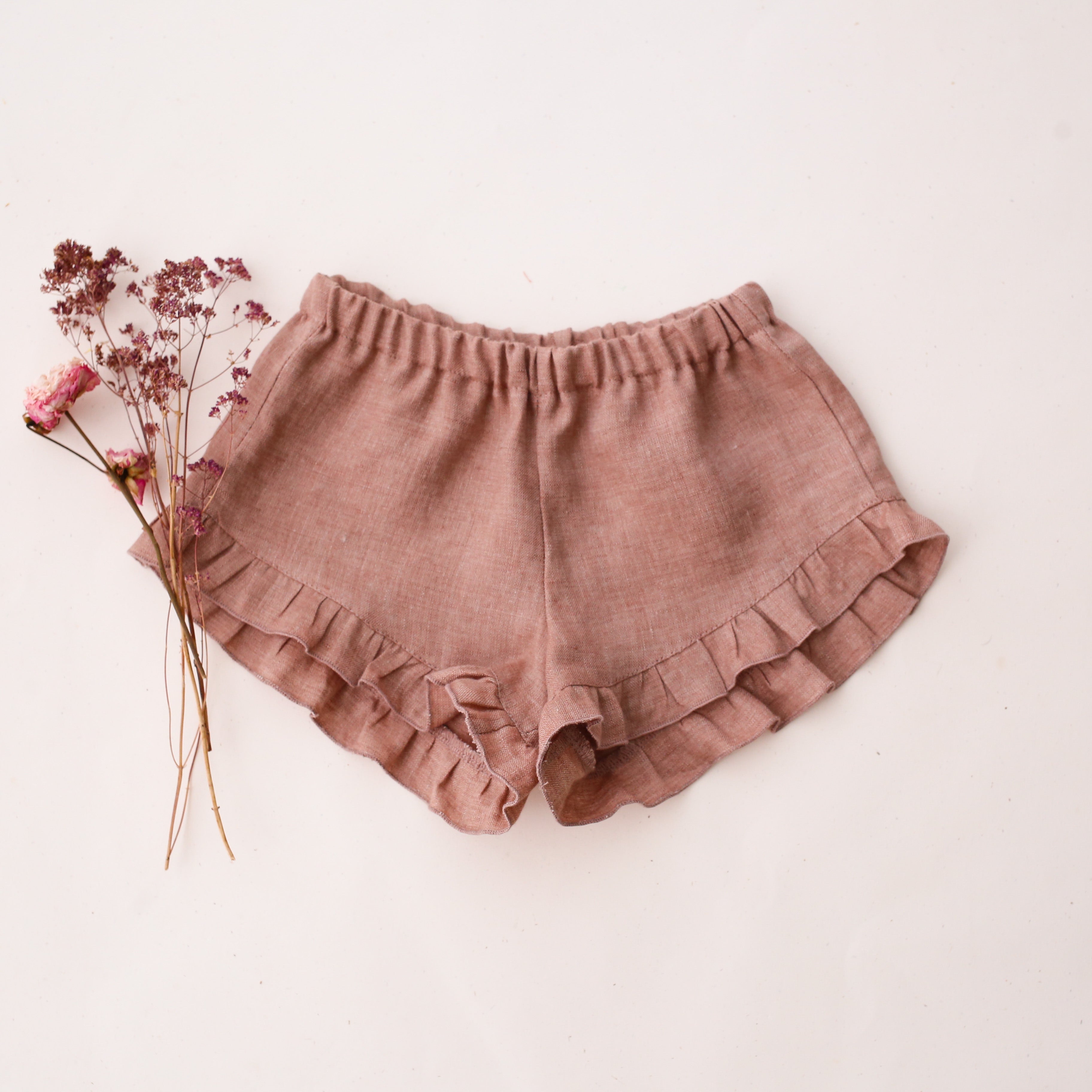 Rose Smoke Linen Ruffle Shorts