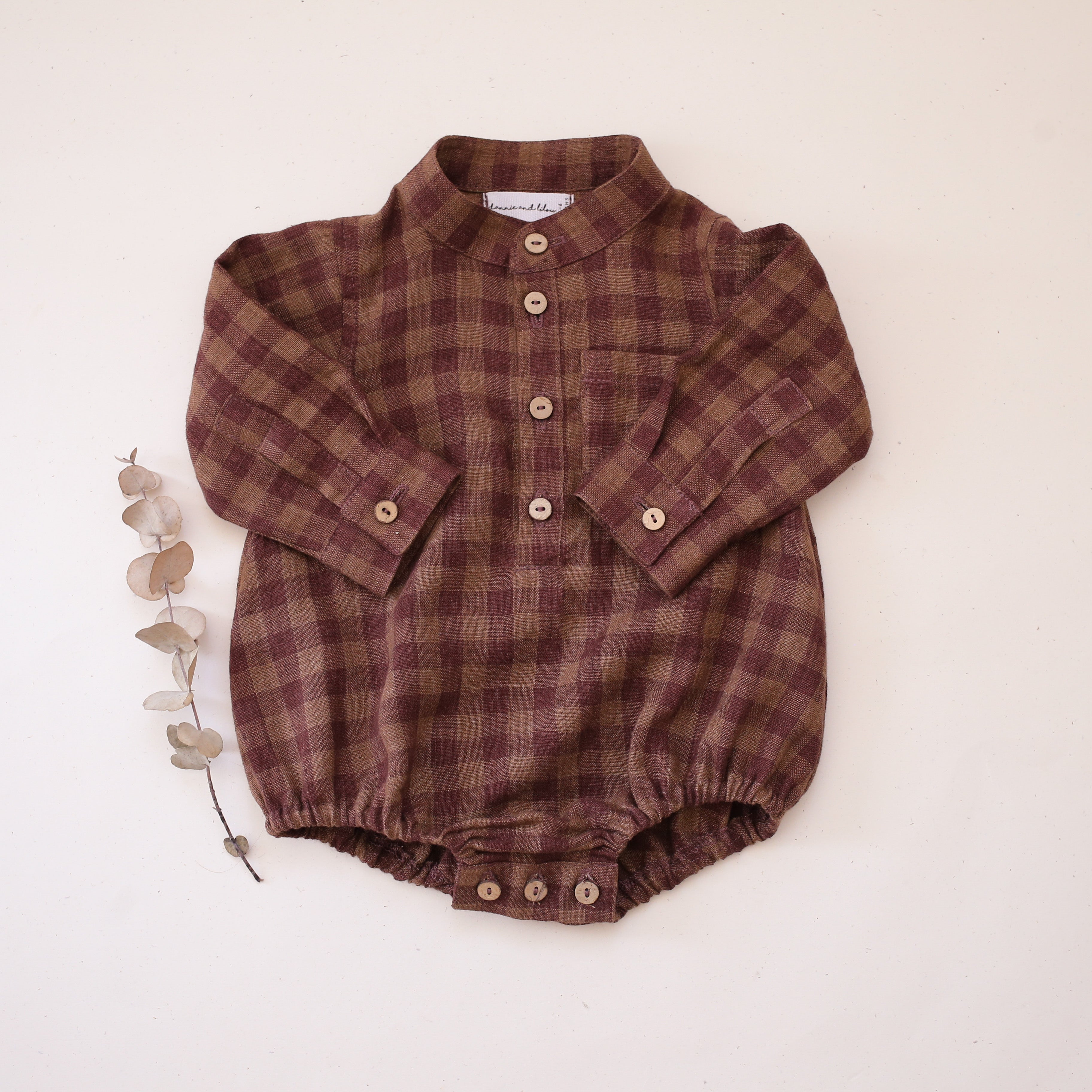 3-6 months - Dark Brown Check Linen Long Sleeve Shirt Onesie