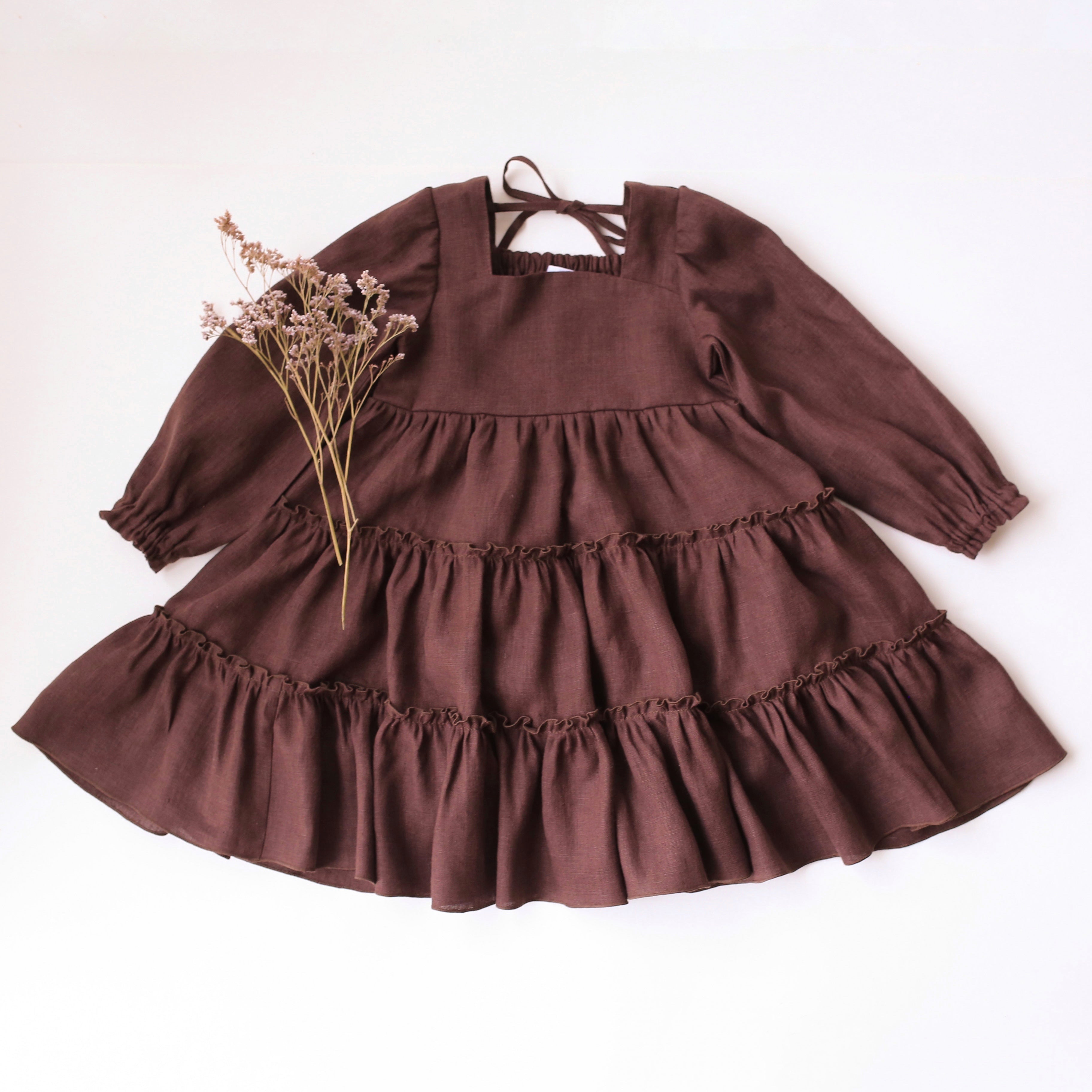 Dark Brown Linen Long Sleeve Tiered Dress with Elastic Casing Back Dannie and Lilou Dark Brown Linen Long Sleeve Tiered Dress with Elastic Casing Back Dannie and Lilou