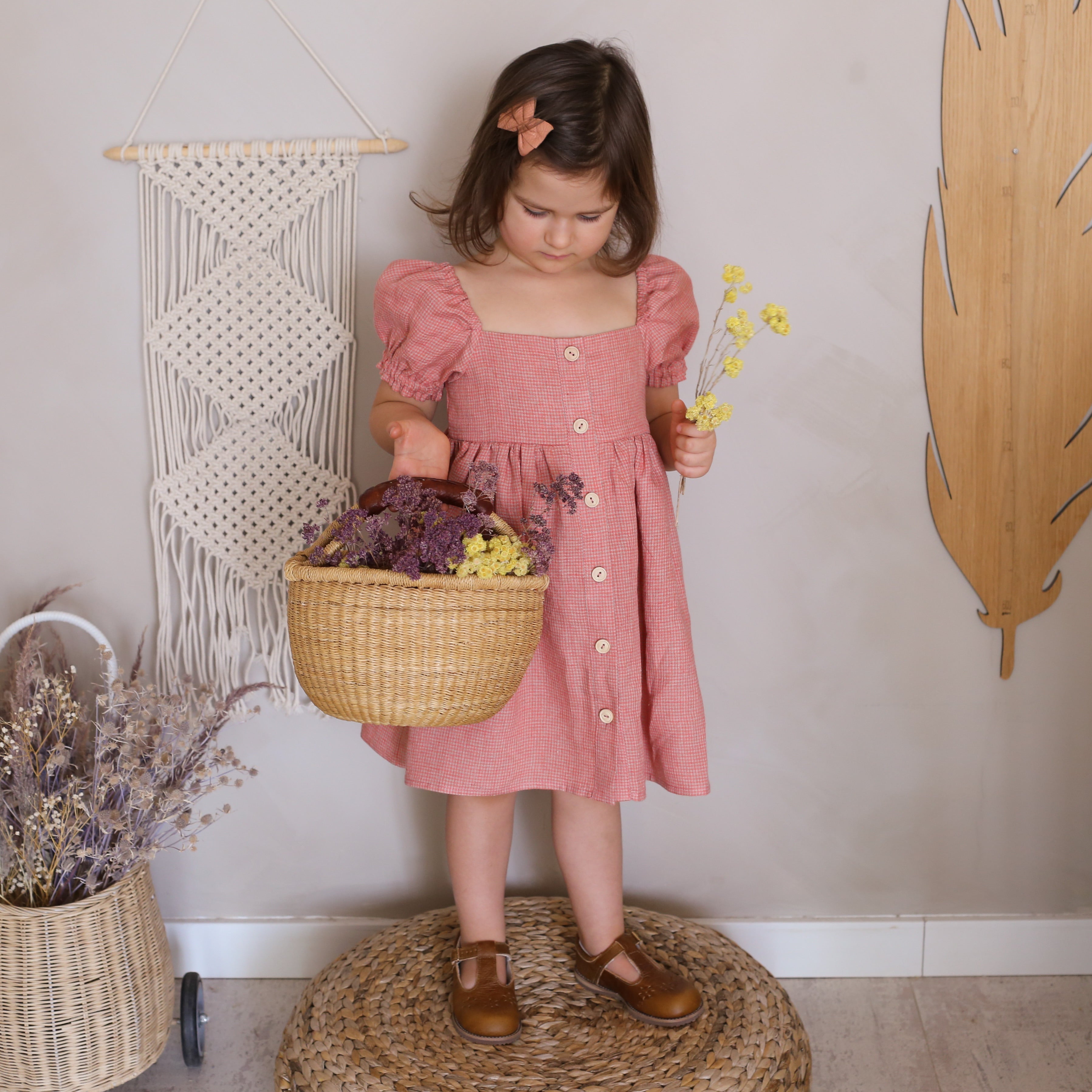 Amber Linen Button-Front Dress with Puff Sleeve