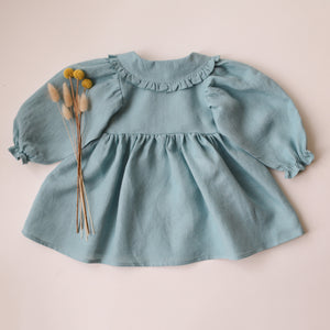 Duck Egg Blue Linen Long Sleeve Frilled Collar Dress