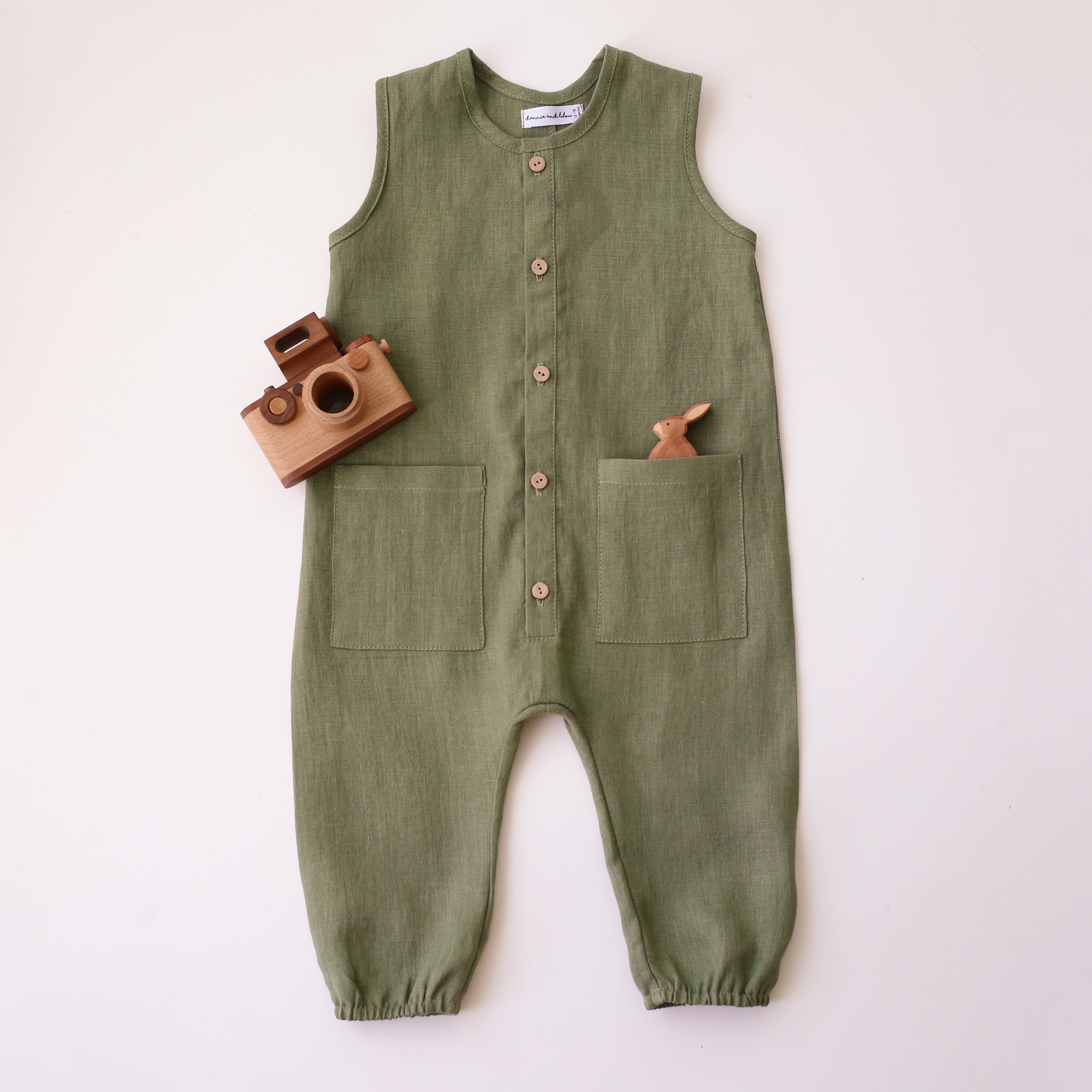 Olive Linen Tank Buttoned Jumpsuit with Pockets