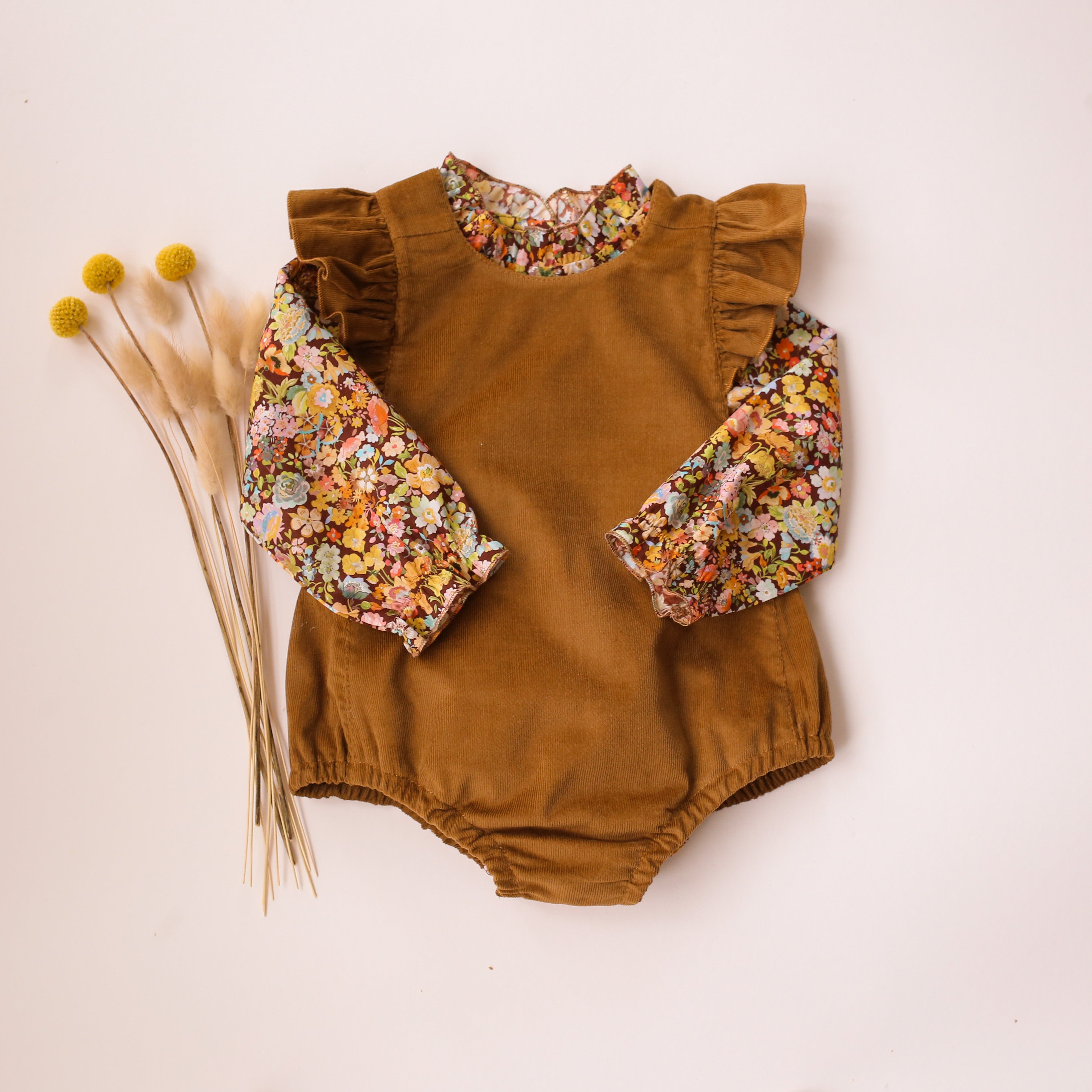 Rustic Brown Corduroy Ruffle Straps Romper