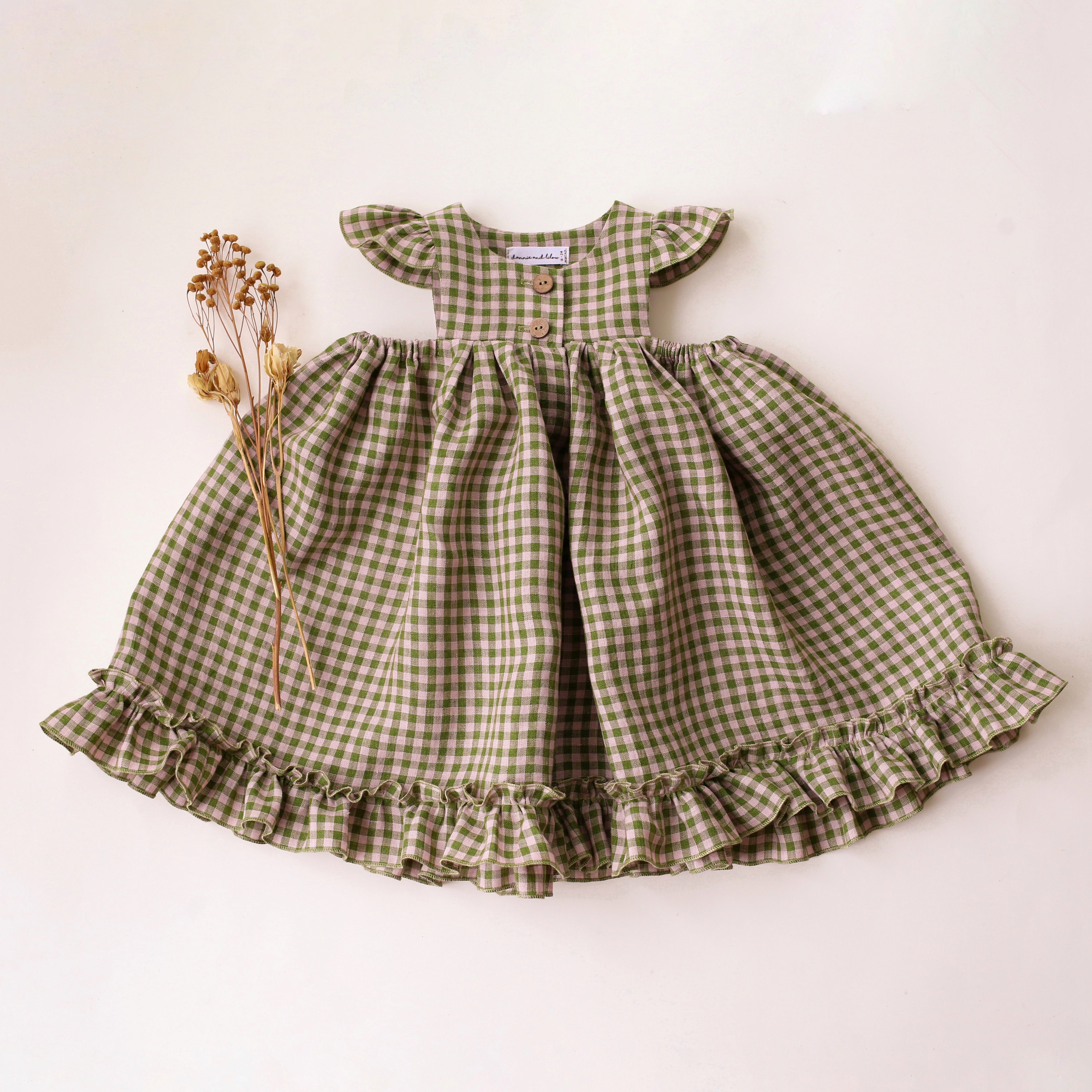 Grass Green Gingham Linen Flutter Sleeve Dress with Ruffled Hem