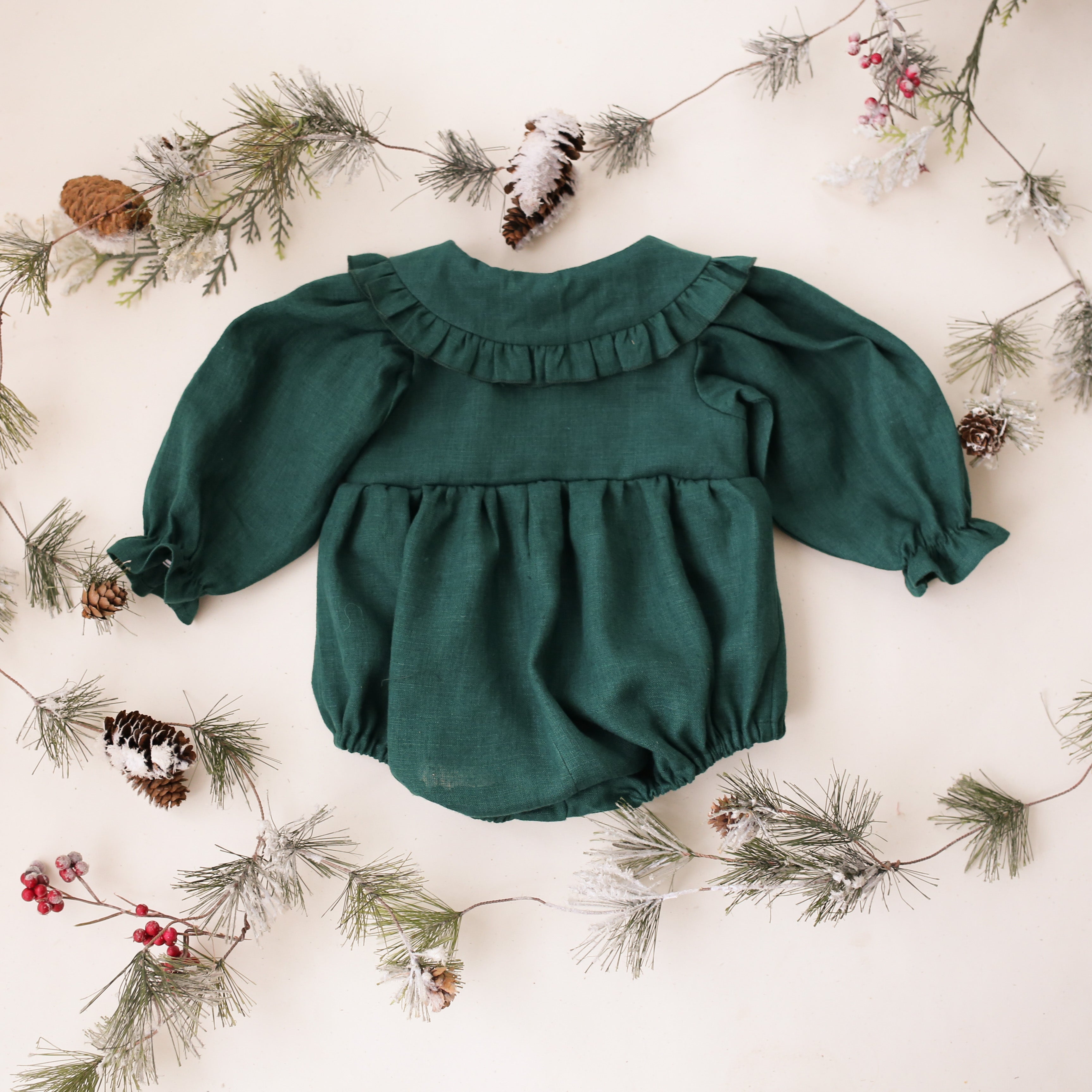 0-3 months - Pine Linen Long Sleeve Frilled Collar Bubble Playsuit