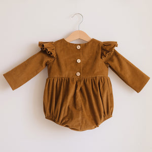 Rustic Brown Corduroy Full Length Flutter Sleeve Bubble Playsuit