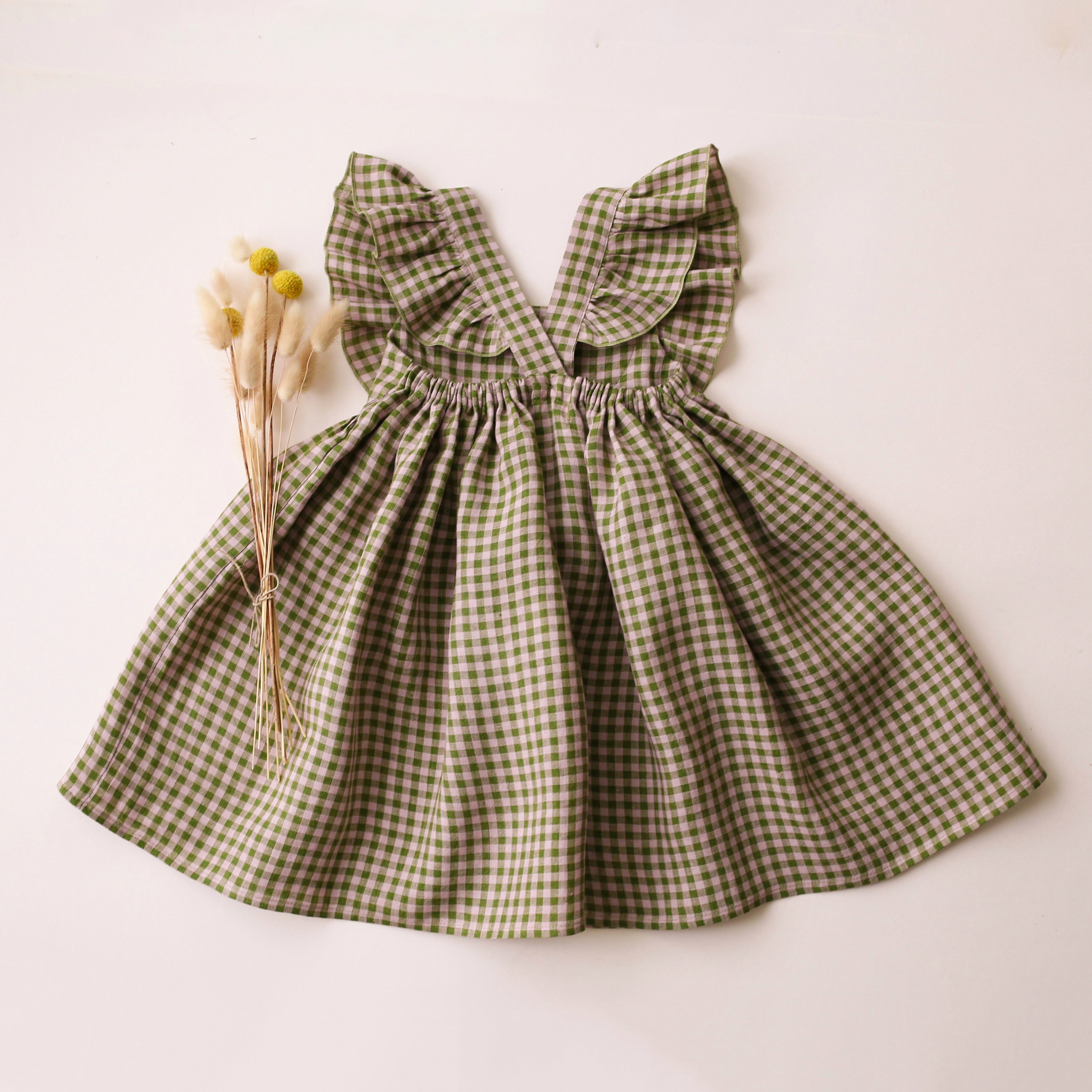 Grass Green Gingham Linen Ruffled Bodice Dress