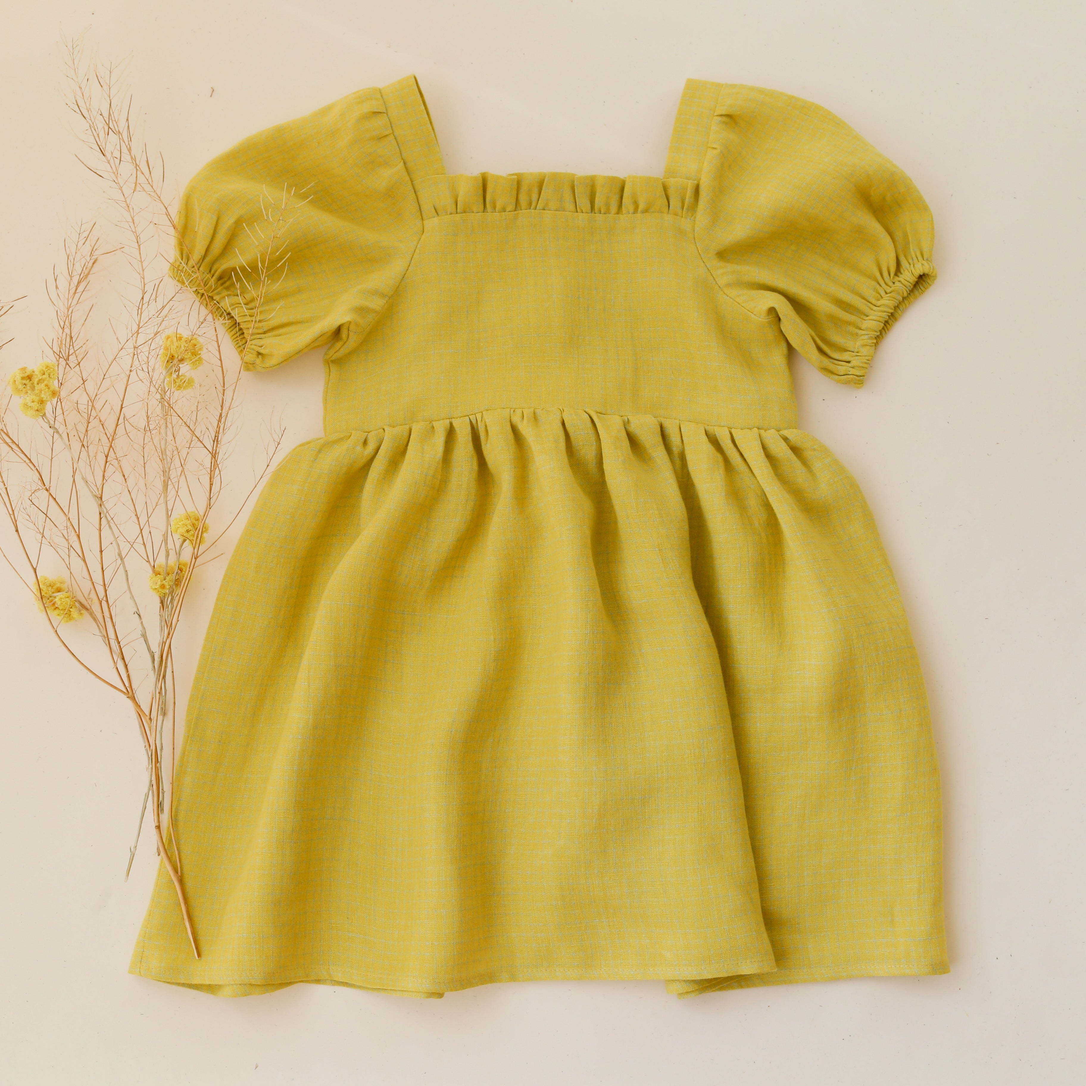 Lemon Gingham Linen Ruffle Neck Dress with Puff Sleeve