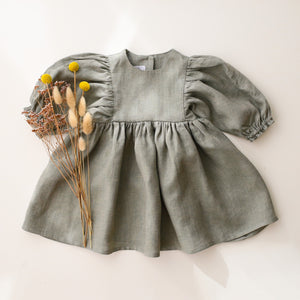 Green Smoke Linen Puff Sleeve Dress