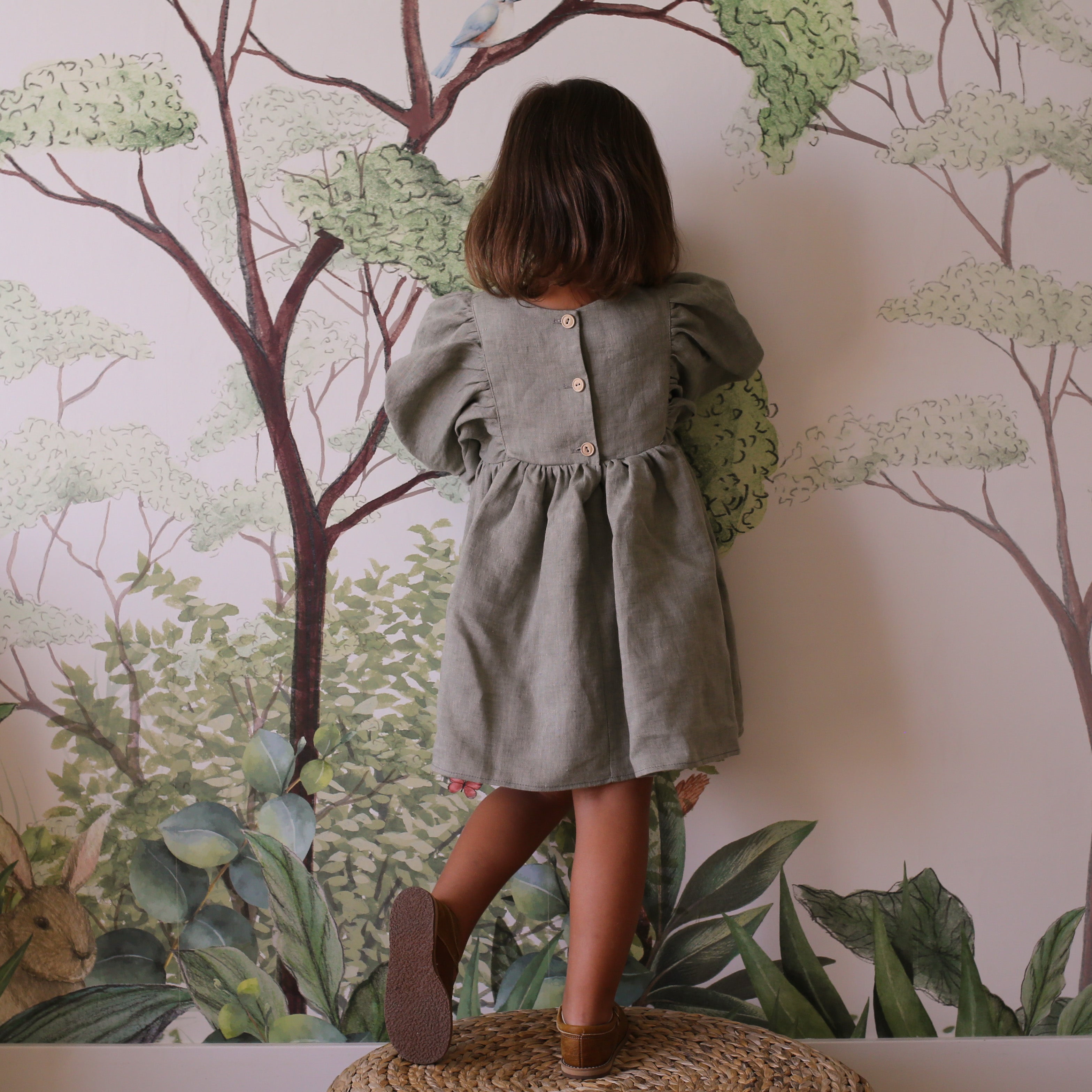 Green Smoke Linen Puff Sleeve Dress