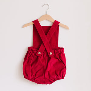 Scarlet Red Linen Straps Romper with “Christmas Letter” Embroidery