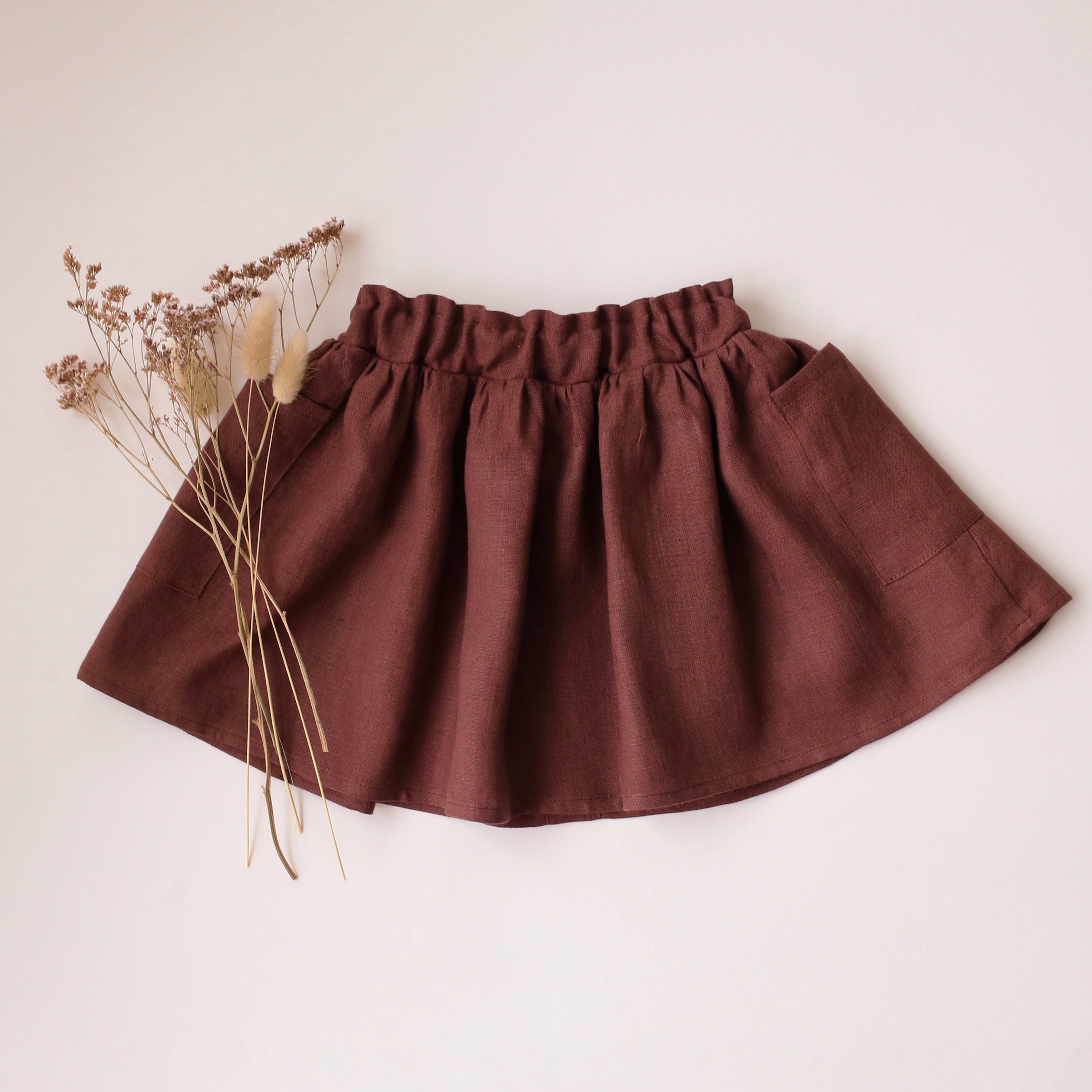 Chocolate Plum Linen Button Front Skirt with Pockets