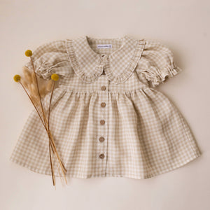Beige Gingham Linen Short Sleeve Frilled Collar Dress