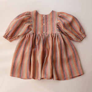 2-3 YRS - Peachy Rainbow Linen Puff Sleeve Dress