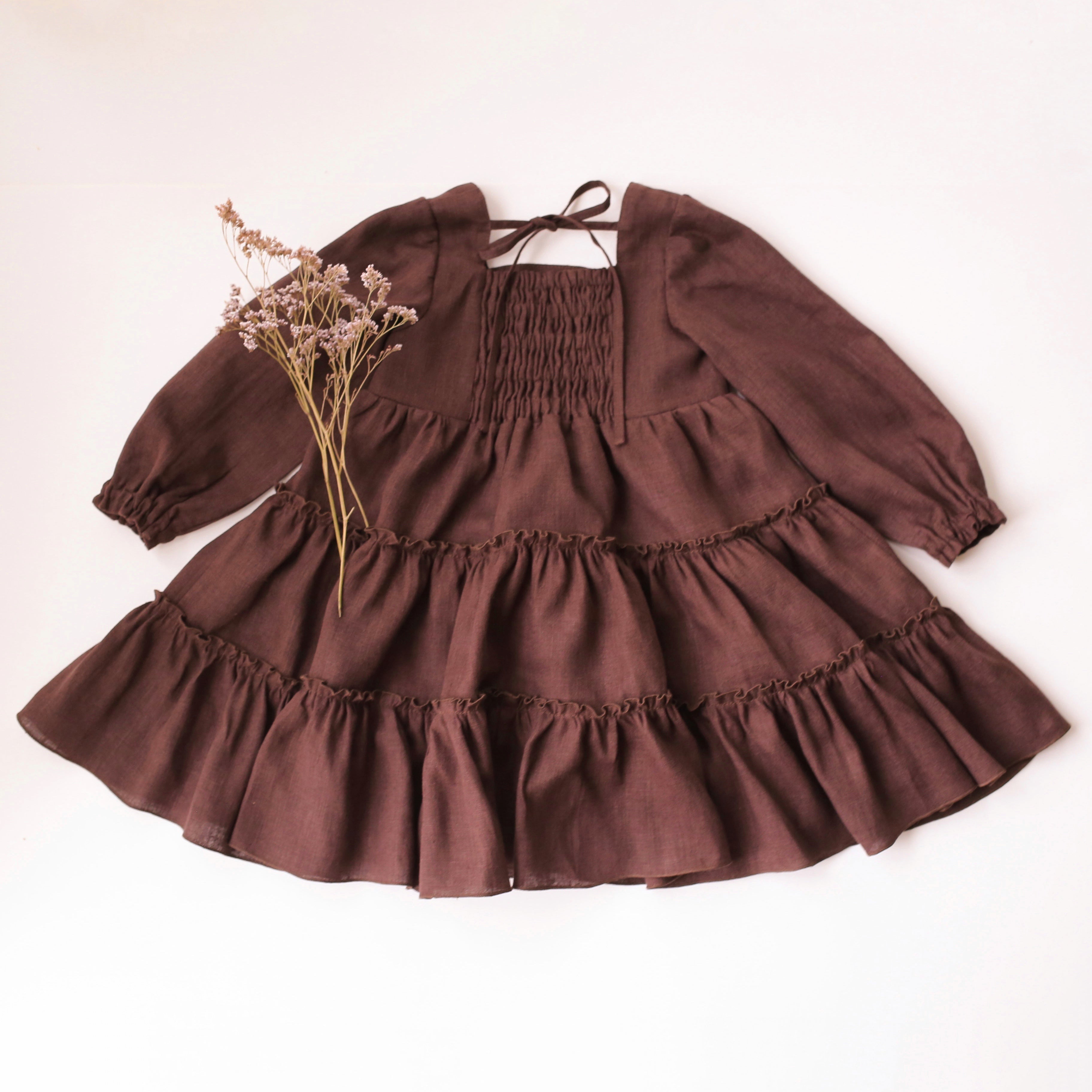 Dark Brown Linen Long Sleeve Tiered Dress with Elastic Casing Back Dannie and Lilou Dark Brown Linen Long Sleeve Tiered Dress with Elastic Casing Back Dannie and Lilou