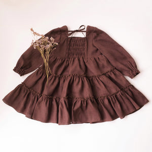 Dark Brown Linen Long Sleeve Tiered Dress