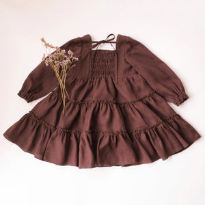 Dark Brown Linen Long Sleeve Tiered Dress with Elastic Casing Back Dannie and Lilou Dark Brown Linen Long Sleeve Tiered Dress with Elastic Casing Back Dannie and Lilou