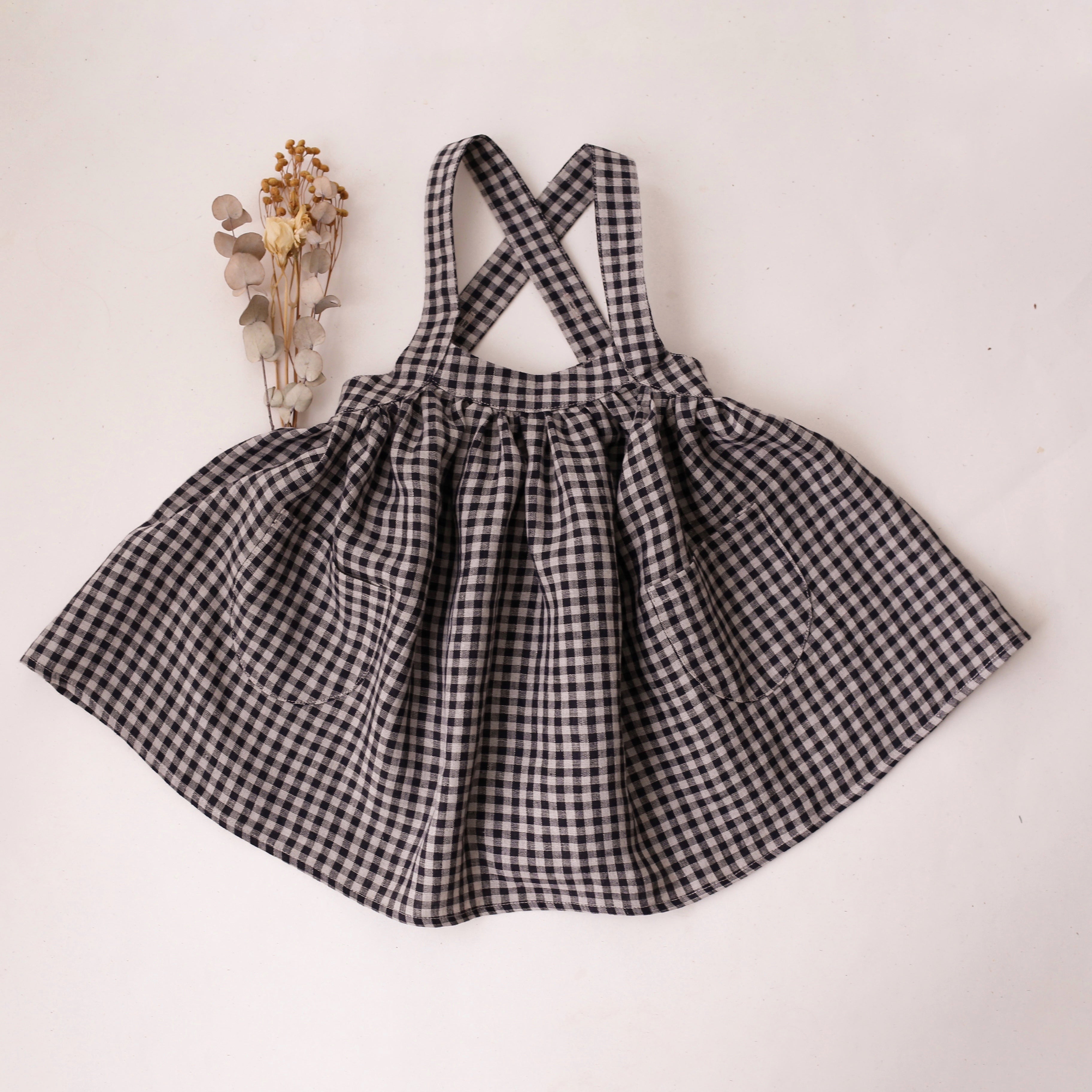 12-18 months - Black & Cream Gingham Linen Straps Pinafore with Pockets