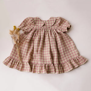 Blush & Cream Gingham Linen Short Sleeve Peter Pan Collar Babydoll Bodice Dress