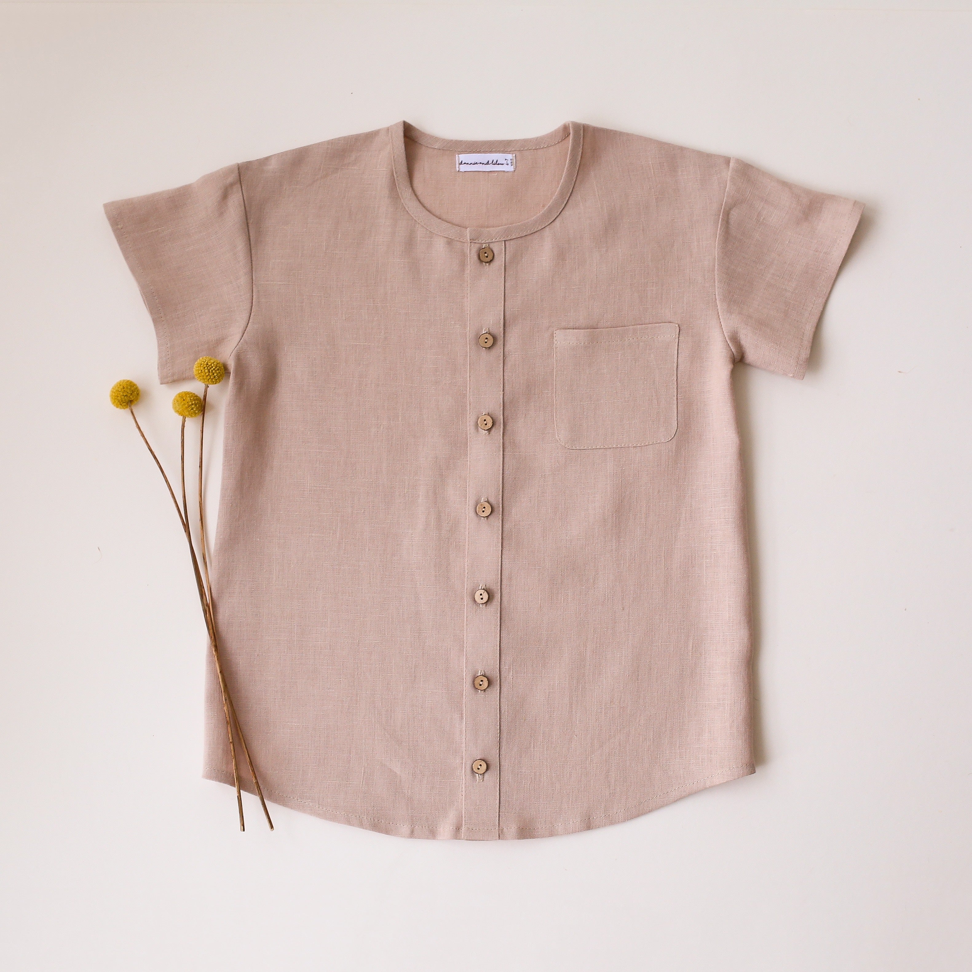 Beige Linen Short Sleeve Buttoned Shirt with Pocket