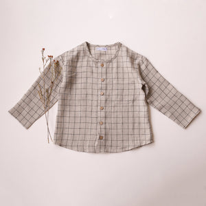 Natural Check Linen Long Sleeve Buttoned Shirt with Pocket