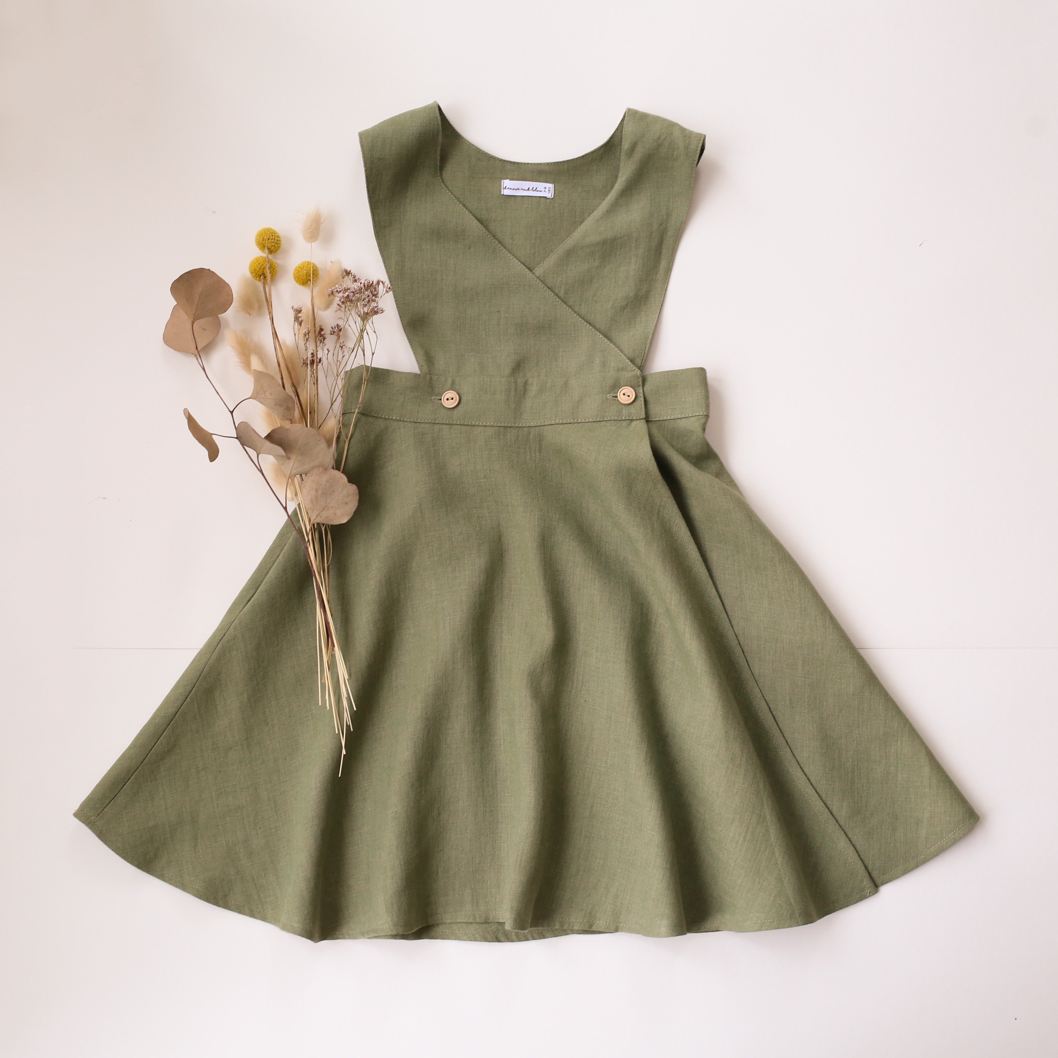 Olive Linen Cross Over Bodice Pinafore