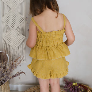 Lemon Gingham Linen Summer Button-Front Top