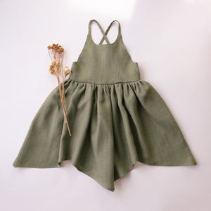 Olive Linen Dress with Asymmetric  Hem