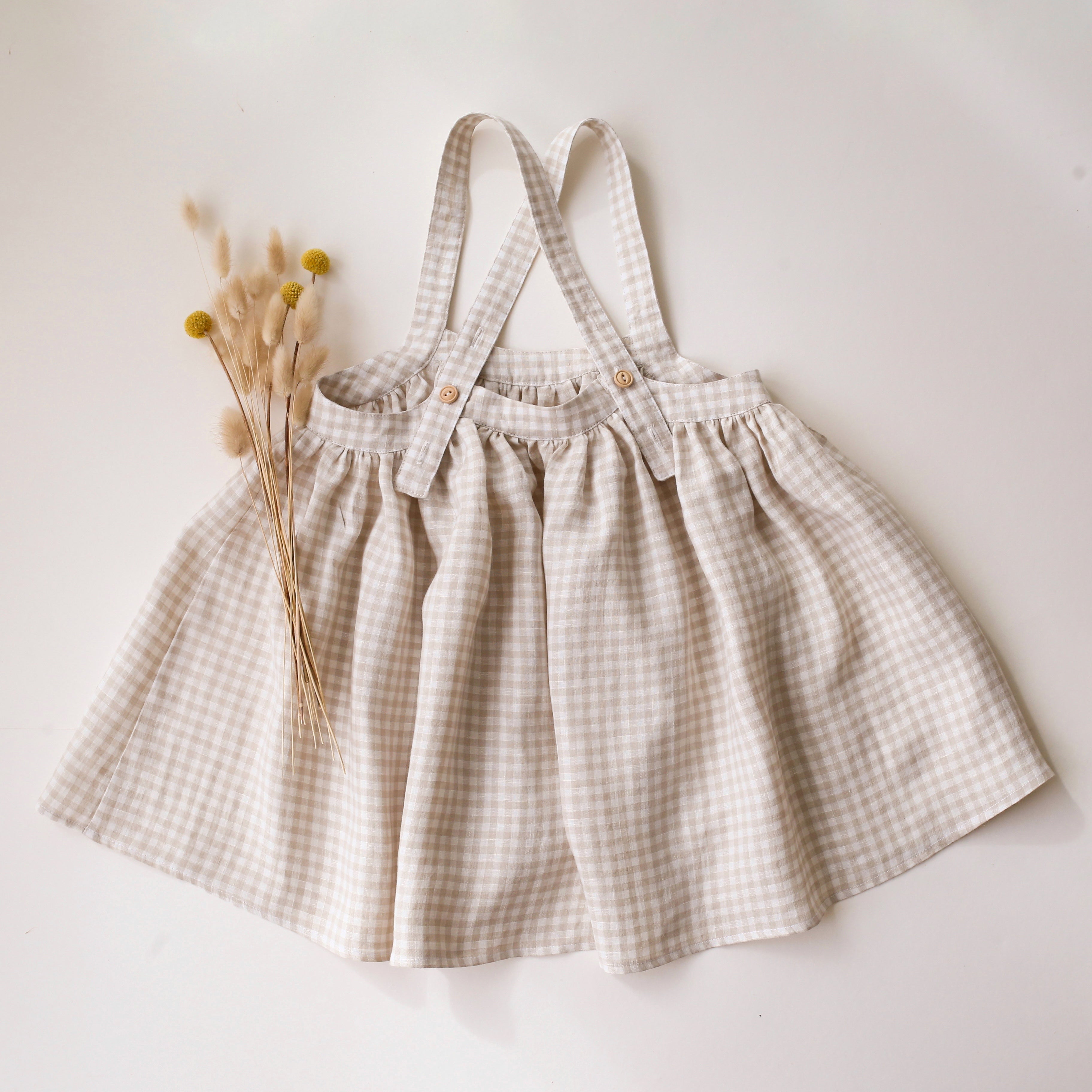 Beige Gingham Linen Straps Pinafore with Pockets