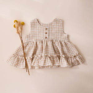 Beige Gingham Linen Ruffled Hem Top