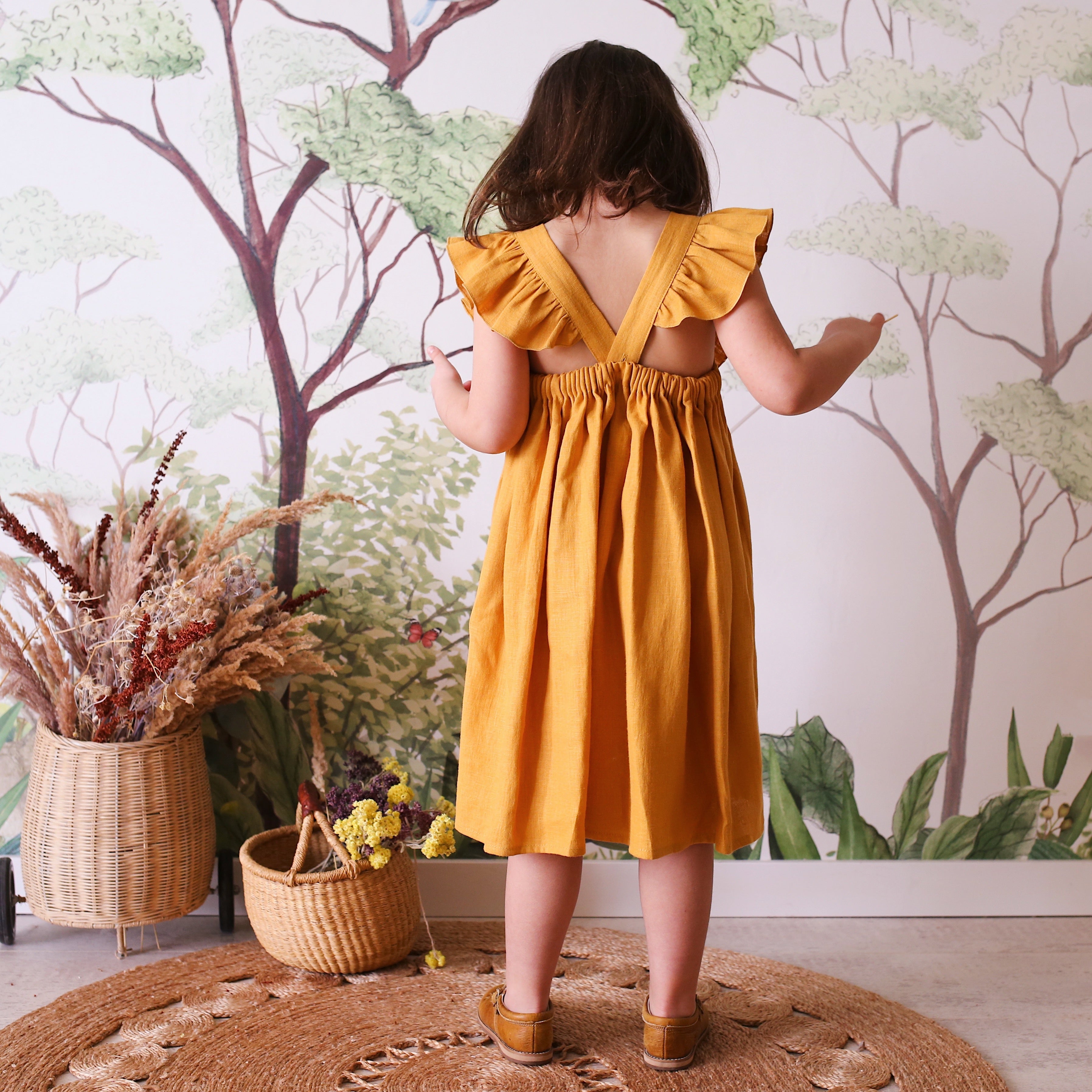 Powder Linen Ruffled Bodice Dress