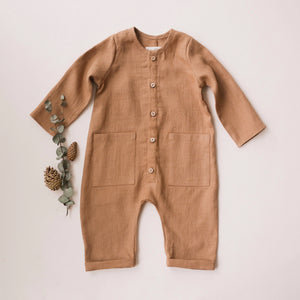 Latte Linen Long Sleeve Buttoned Jumpsuit with Pockets