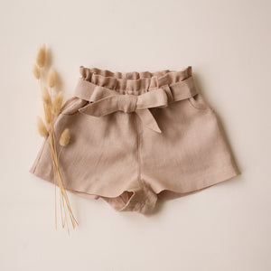 Beige Linen Paperbag Shorts